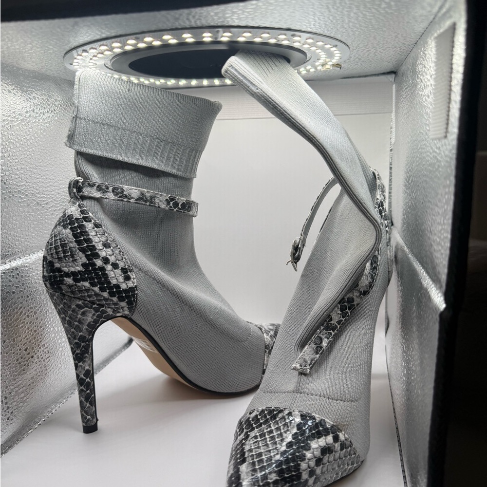 Women's Gray Sock Bootie Pump with Snake-Print Trim